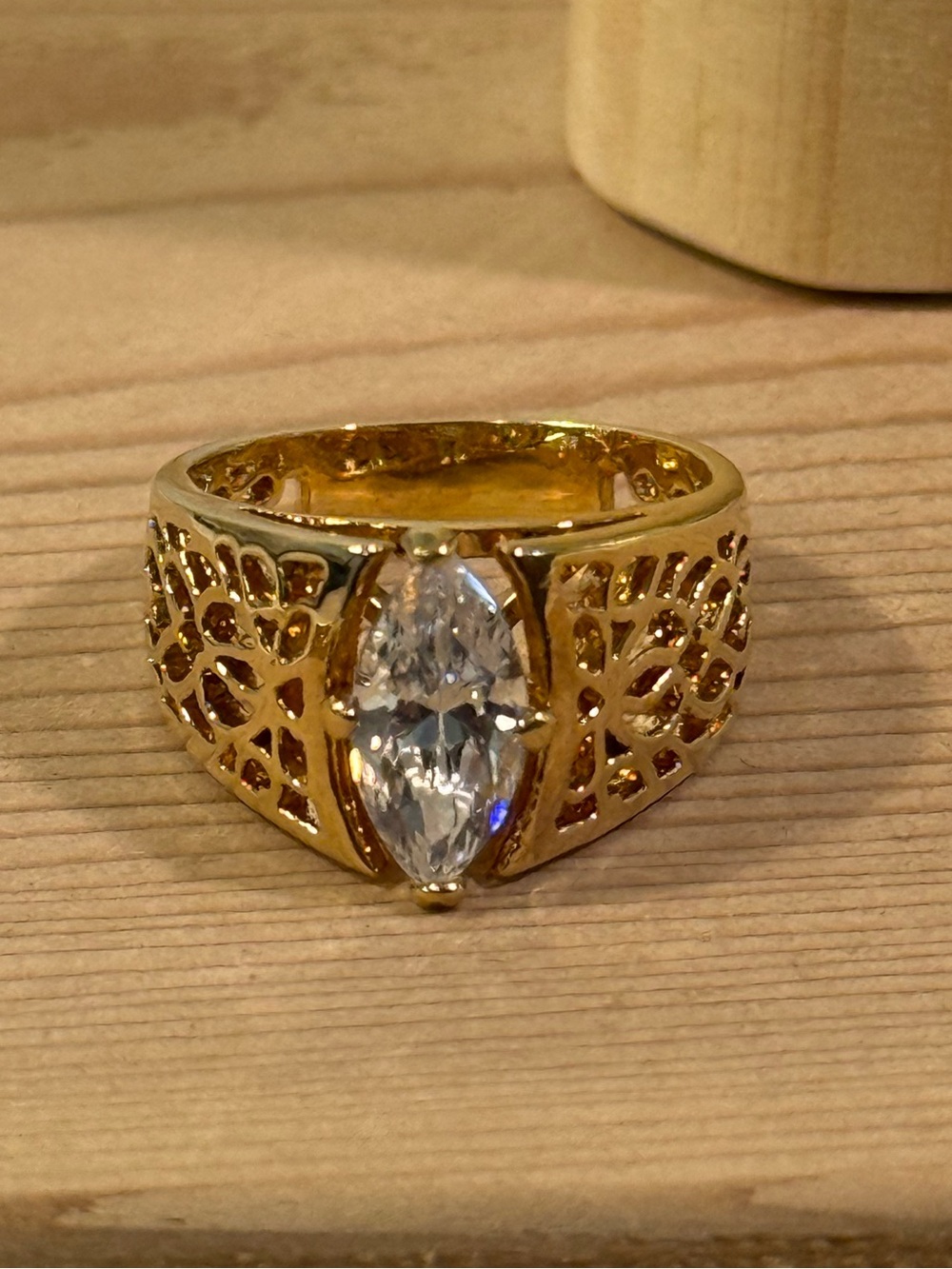 Vintage Gold Tone Filigree Marquise CZ Statement Ring Size 6.5⁠